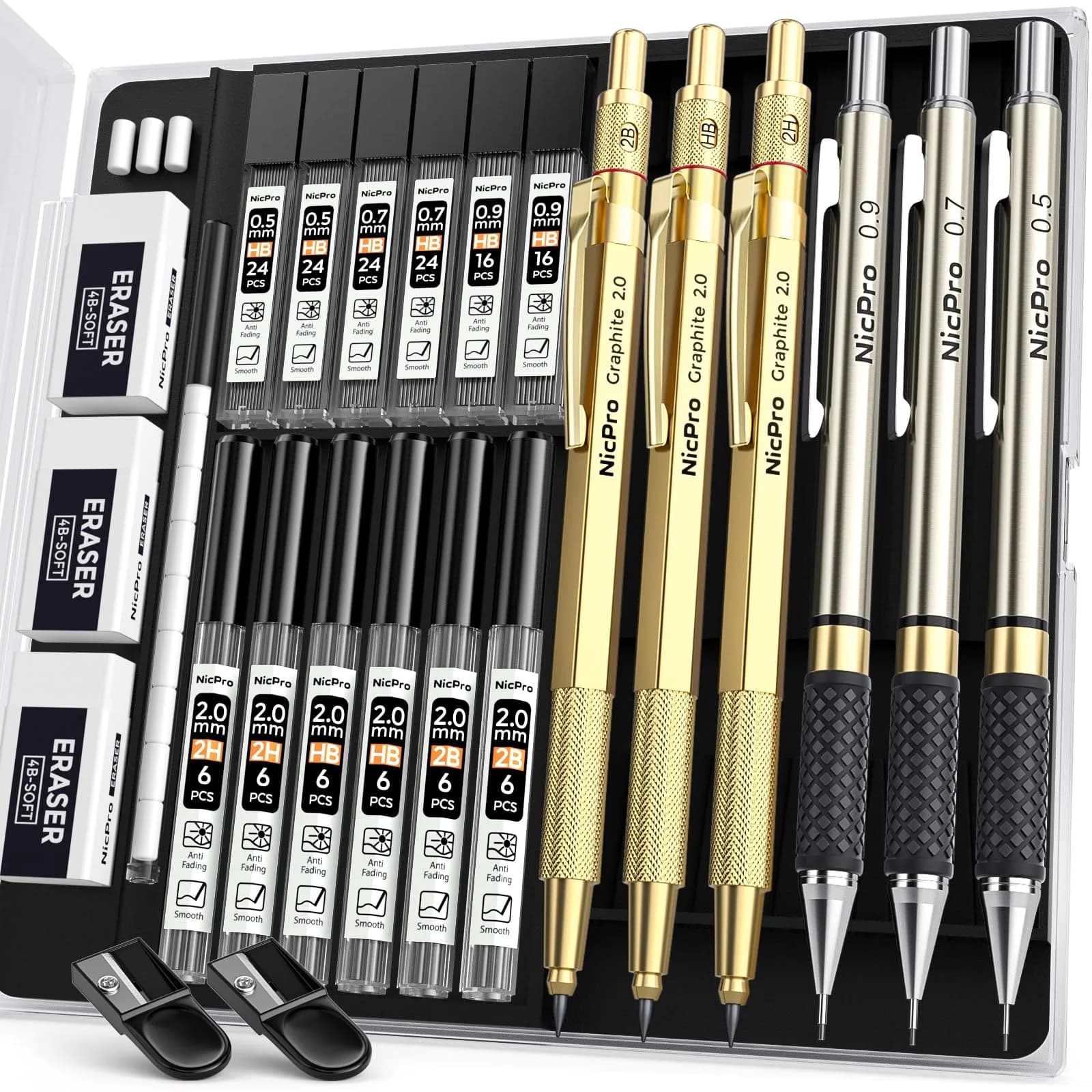 Nicpro Gold Art Mechanical Pencil Set with 0.5mm, 0.7mm, 0.9mm, 2mm Leads & Erasers | Value Pack for Students & Professionals - main product image