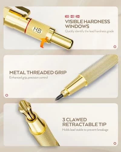Nicpro Gold Art Mechanical Pencil Set with 0.5mm, 0.7mm, 0.9mm, 2mm Leads & Erasers | Value Pack for Students & Professionals thumbnail 2