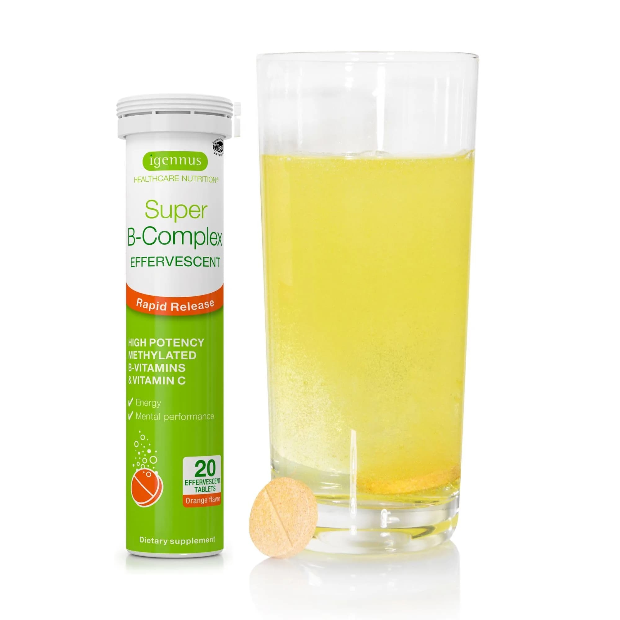Igennus High Absorption Super B-Complex Orange Effervescent Tablets - 20 Count (1 Month Supply) - main product image