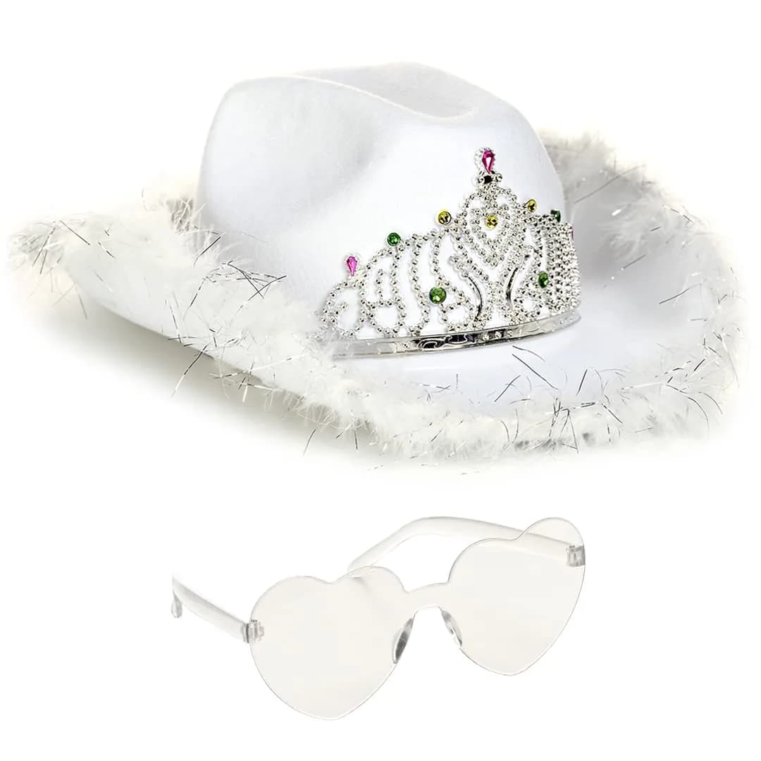 Funcredible White Cowboy Hat and Glasses | Preppy Cowgirl Costume Accessory for Women
