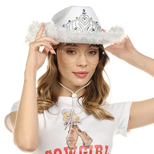 Funcredible White Cowboy Hat and Glasses | Preppy Cowgirl Costume Accessory for Women thumbnail 4