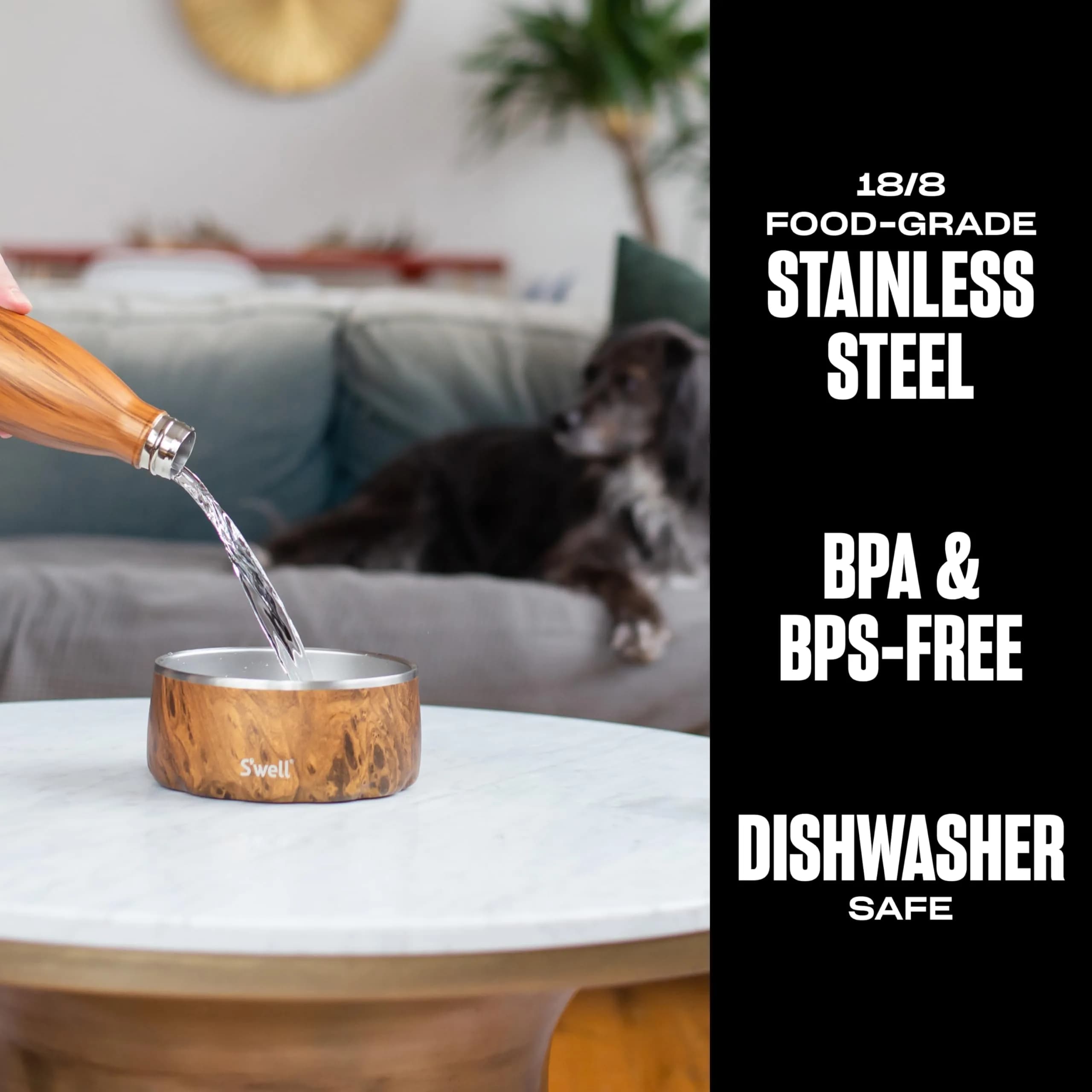 S'well Stainless Steel Pet Bowl 32oz (950ml) Teakwood | Non-Slip Base for Dogs - view 2