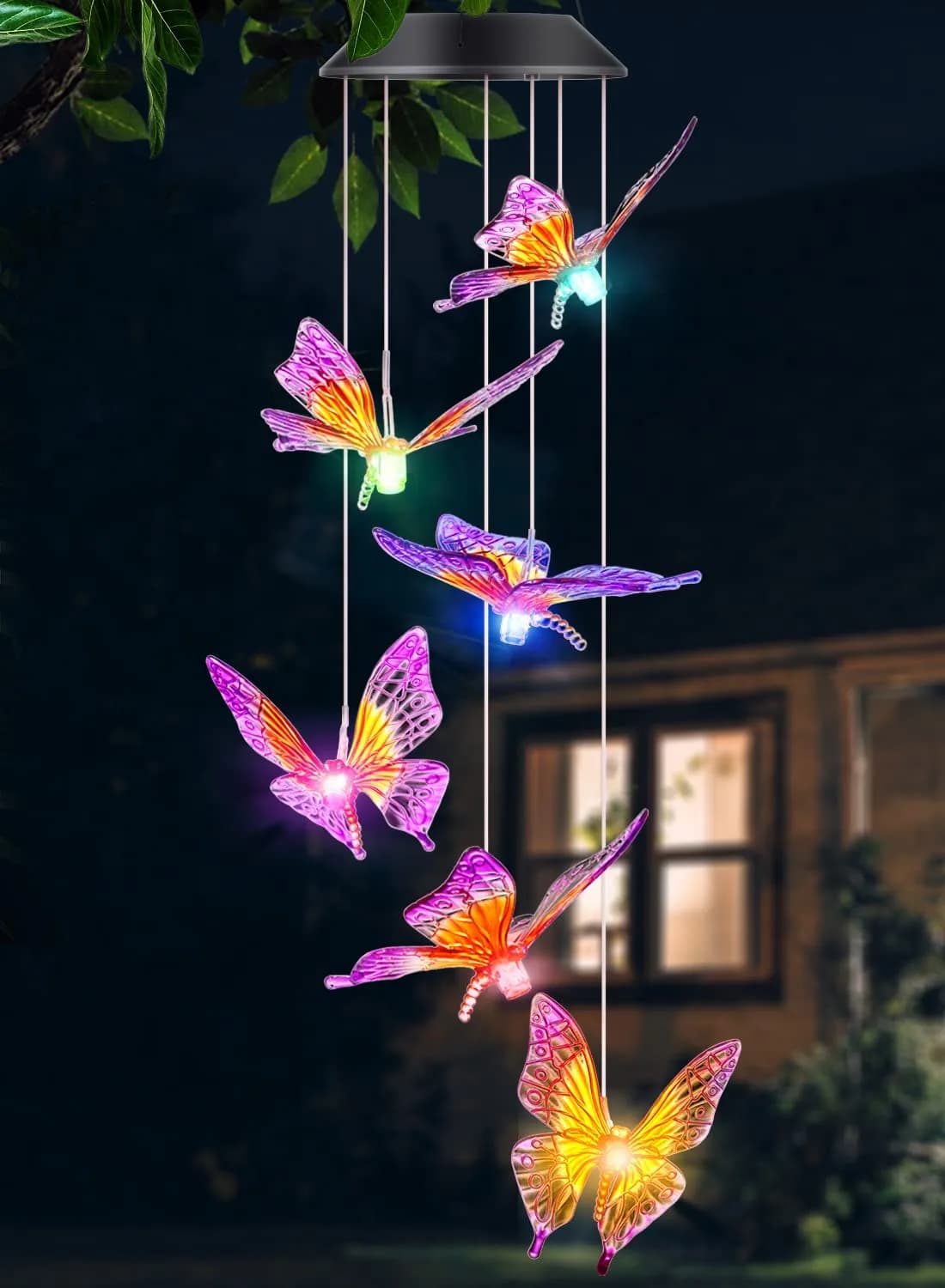 DesGully Wind Chimes Butterfly Solar Wind Chimes for Outside | Color Changing Garden Decor with 7-Color LEDs