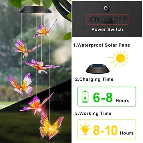 DesGully Wind Chimes Butterfly Solar Wind Chimes for Outside | Color Changing Garden Decor with 7-Color LEDs thumbnail 2