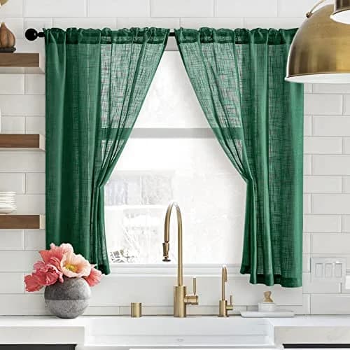 SHINELAND 48 Inch Short Linen Sheer Curtains for Windows | Modern Farmhouse Open Weave, Emerald Green thumbnail 1