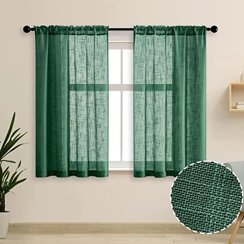 SHINELAND 48 Inch Short Linen Sheer Curtains for Windows | Modern Farmhouse Open Weave, Emerald Green thumbnail 4