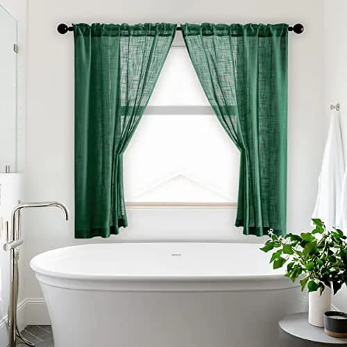 SHINELAND 48 Inch Short Linen Sheer Curtains for Windows | Modern Farmhouse Open Weave, Emerald Green thumbnail 7