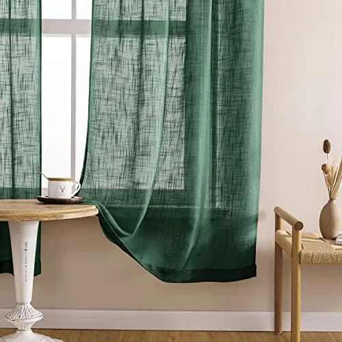 SHINELAND 48 Inch Short Linen Sheer Curtains for Windows | Modern Farmhouse Open Weave, Emerald Green thumbnail 3