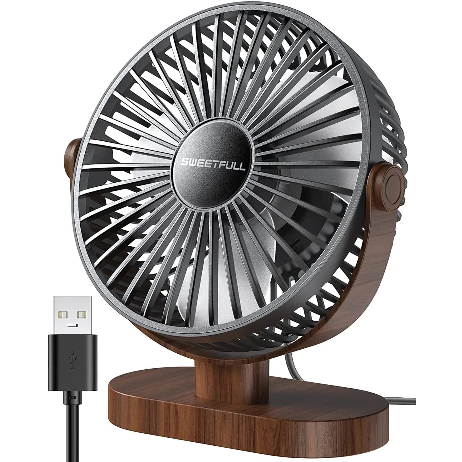 SWEETFULL Small USB Desk Fan, Black Wood Grain, 16.5cm (6.5 Inch) Fan Head | Quiet & Powerful Personal Cooling