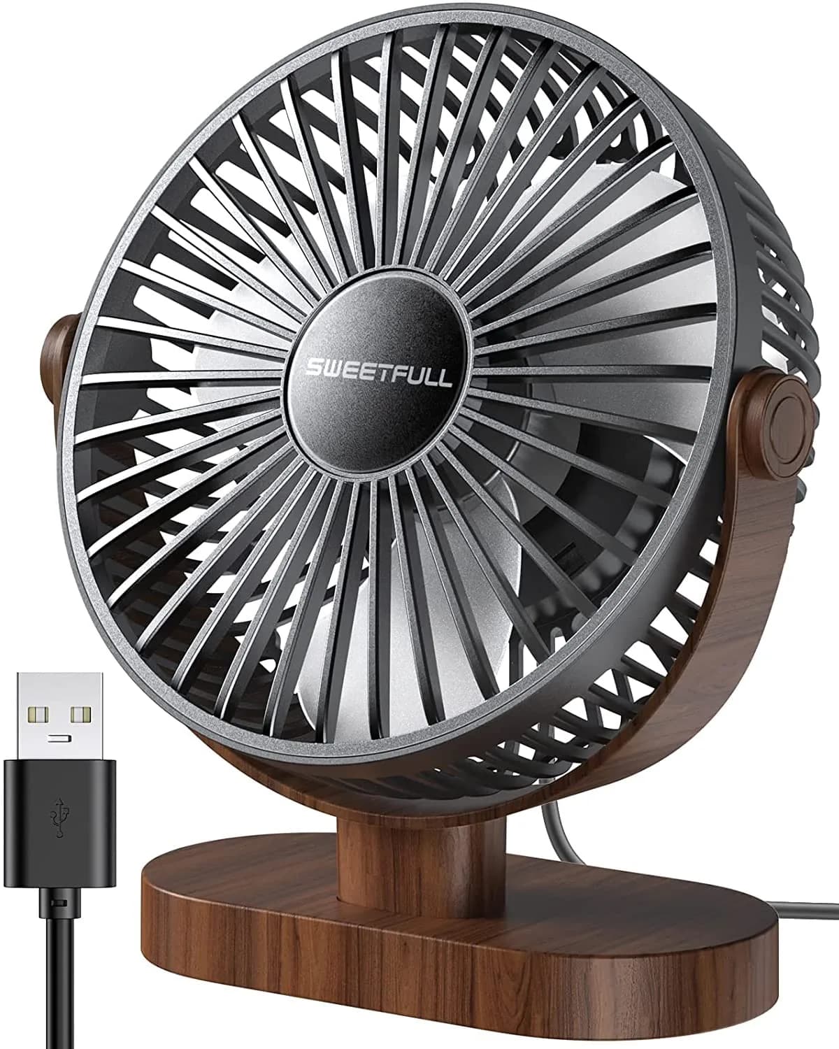 SWEETFULL Small USB Desk Fan, Black Wood Grain, 16.5cm (6.5 Inch) Fan Head | Quiet & Powerful Personal Cooling — Black Wood Grain