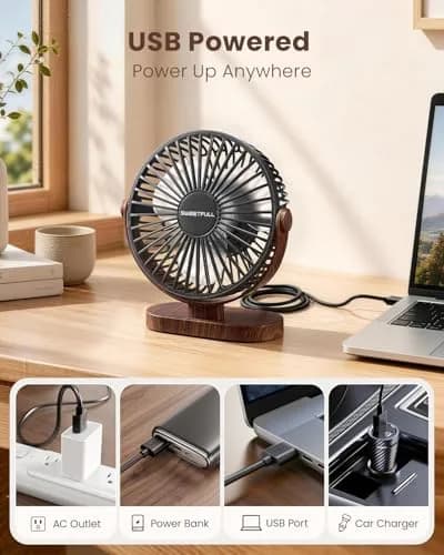 SWEETFULL Small USB Desk Fan, Black Wood Grain, 16.5cm (6.5 Inch) Fan Head | Quiet & Powerful Personal Cooling thumbnail 6