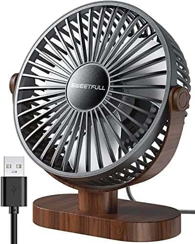 SWEETFULL Small USB Desk Fan, Black Wood Grain, 16.5cm (6.5 Inch) Fan Head | Quiet & Powerful Personal Cooling thumbnail 1
