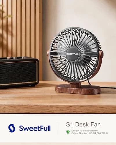 SWEETFULL Small USB Desk Fan, Black Wood Grain, 16.5cm (6.5 Inch) Fan Head | Quiet & Powerful Personal Cooling thumbnail 2