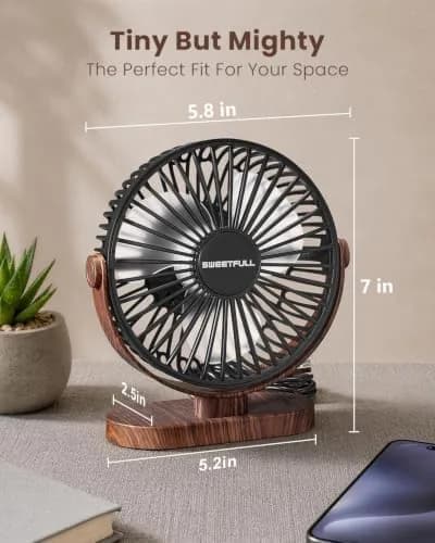 SWEETFULL Small USB Desk Fan, Black Wood Grain, 16.5cm (6.5 Inch) Fan Head | Quiet & Powerful Personal Cooling thumbnail 3