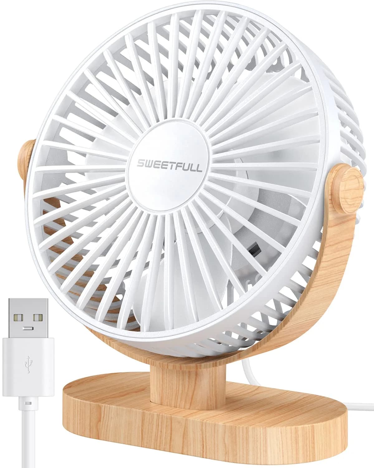 SWEETFULL Small USB Desk Fan, White Wood Grain, 14.7 cm (5.8") Airflow Area | Quiet Operation Under 25 dB