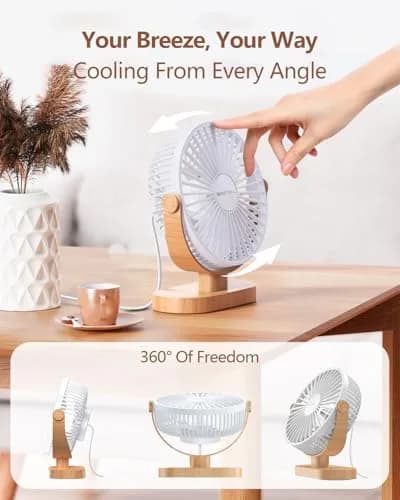 SWEETFULL Small USB Desk Fan, White Wood Grain, 14.7 cm (5.8") Airflow Area | Quiet Operation Under 25 dB thumbnail 5