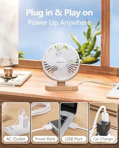 SWEETFULL Small USB Desk Fan, White Wood Grain, 14.7 cm (5.8") Airflow Area | Quiet Operation Under 25 dB thumbnail 6