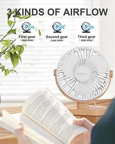 SWEETFULL Small USB Desk Fan, White Wood Grain, 14.7 cm (5.8") Airflow Area | Quiet Operation Under 25 dB thumbnail 7