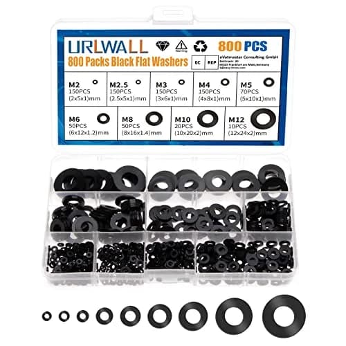 URLWALL 800Pcs Black Nylon Flat Washer Assortment Set M2-M12 | Protects Parts & Screws — 800black