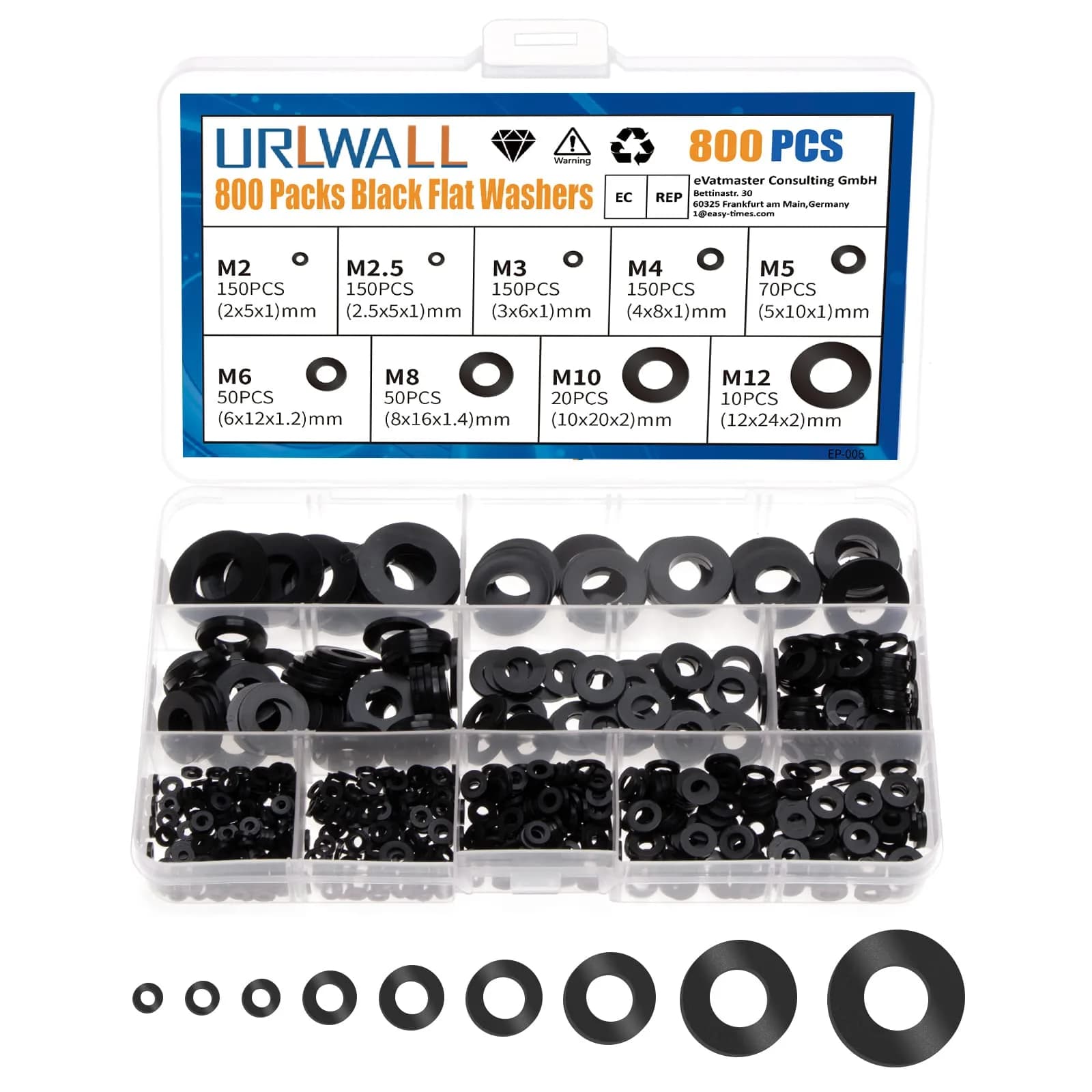 URLWALL 800Pcs Black Nylon Flat Washer Assortment Set M2-M12 | Protects Parts & Screws - main product image
