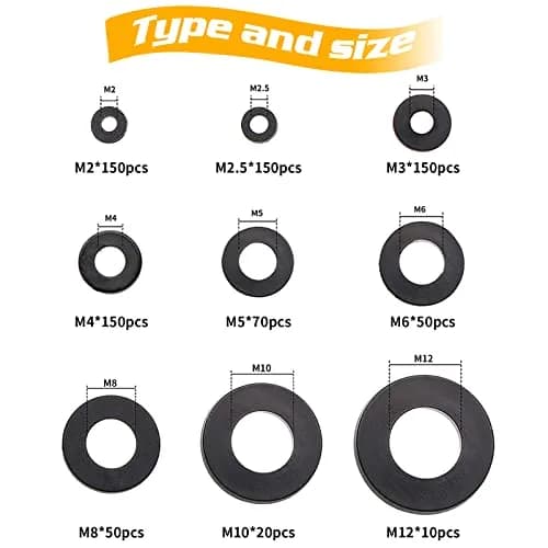 URLWALL 800Pcs Black Nylon Flat Washer Assortment Set M2-M12 | Protects Parts & Screws thumbnail 3