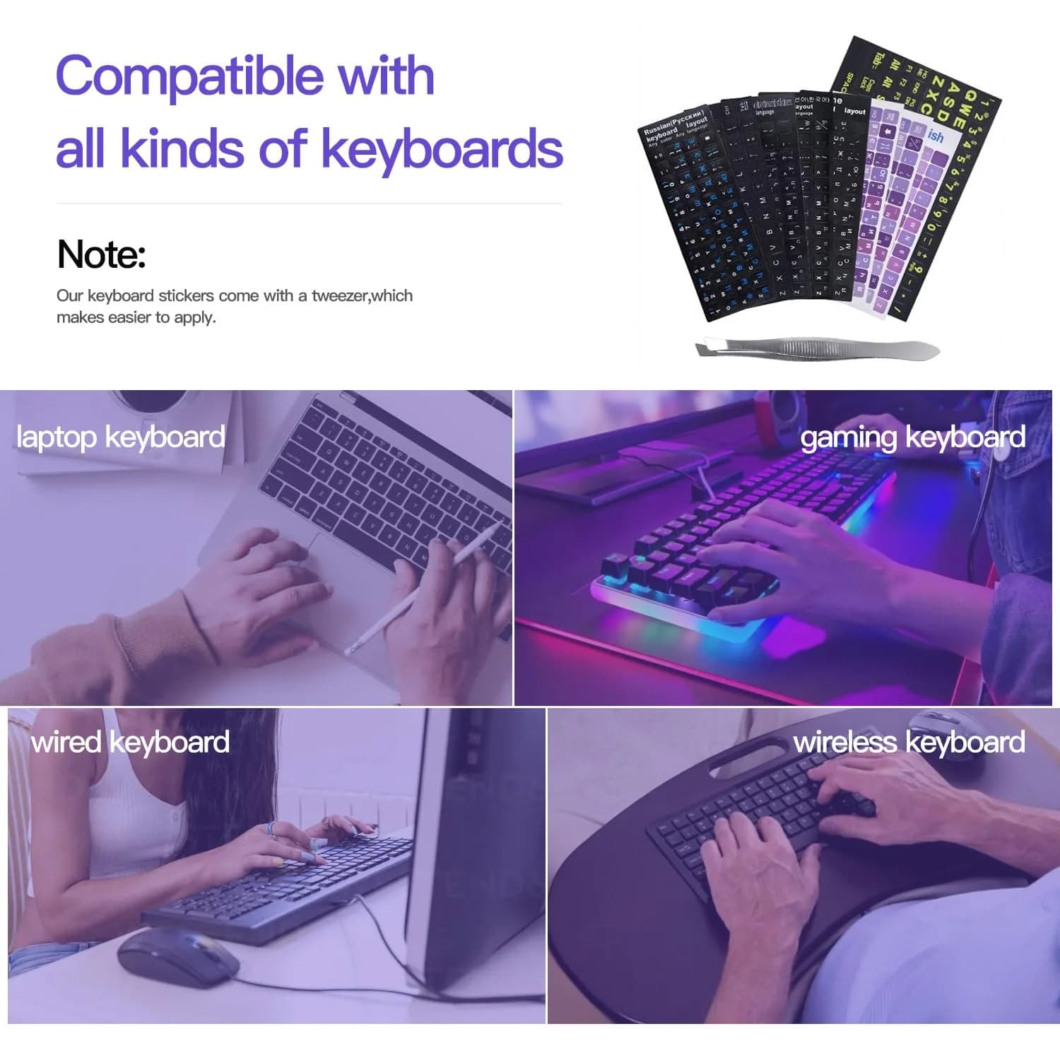 DAMMOMKO English Keyboard Stickers for Laptop & Desktop - Purple/White Letters (2-Pack, 180mm x 65mm) - view 6
