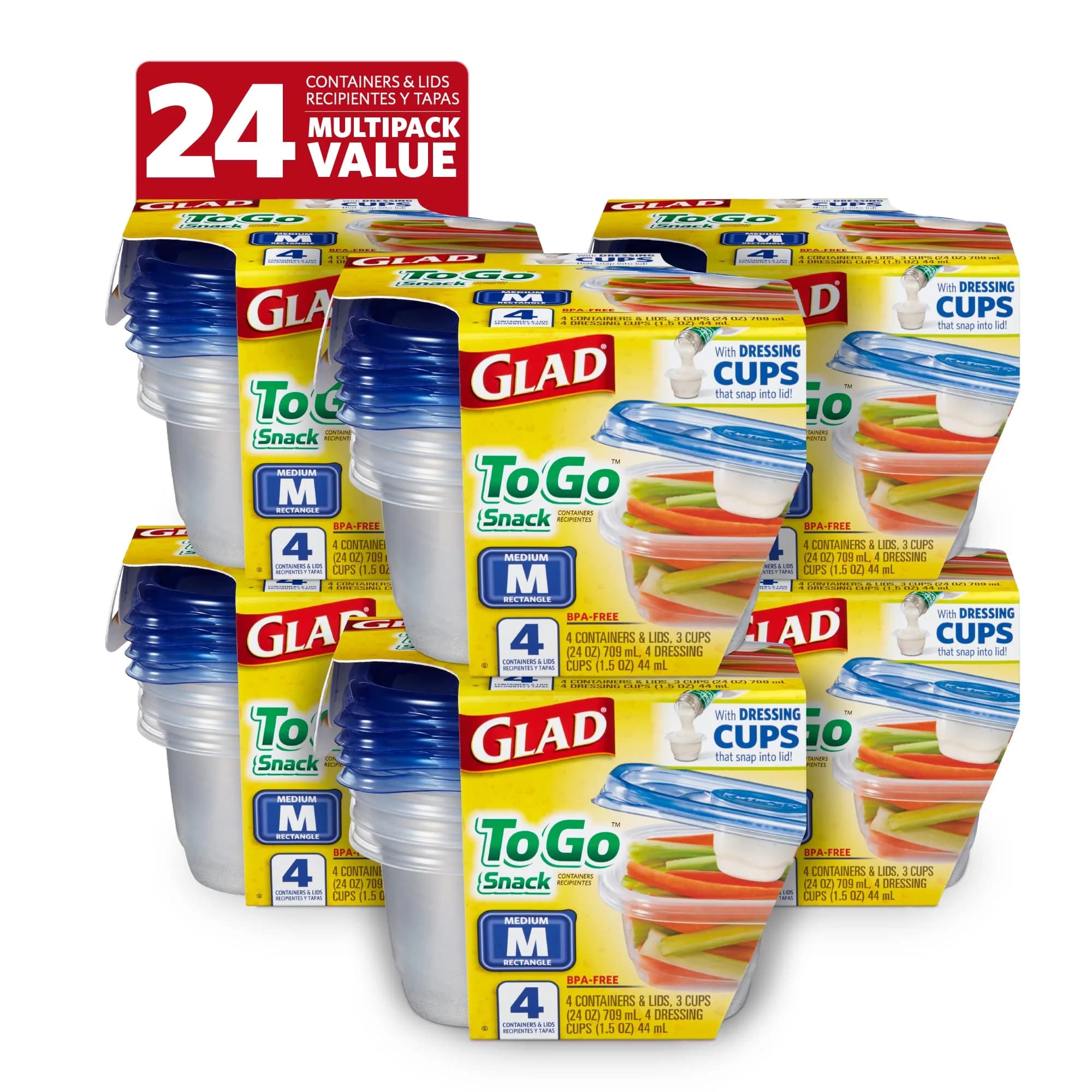 Glad GladWare To-Go Medium Rectangle Snack Containers, 24 Oz (710 ml) with Dressing Cup, 6-Pack | Airtight & Leak-Resistant for Salads & Snacks - main product image