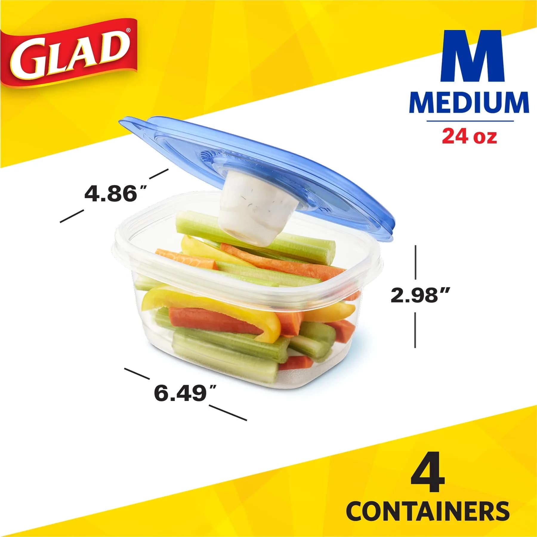 Glad GladWare To-Go Medium Rectangle Snack Containers, 24 Oz (710 ml) with Dressing Cup, 6-Pack | Airtight & Leak-Resistant for Salads & Snacks - view 5