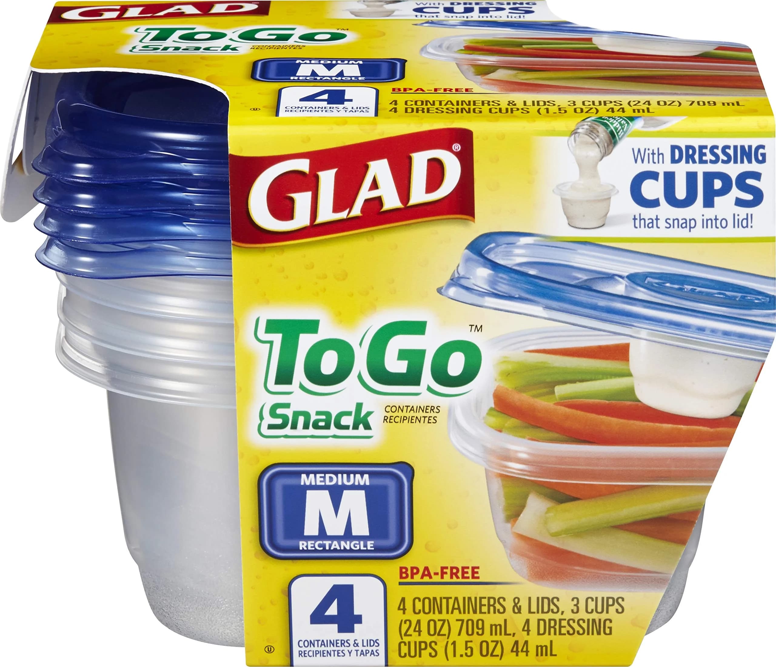 Glad GladWare To-Go Medium Rectangle Snack Containers, 24 Oz (710 ml) with Dressing Cup, 6-Pack | Airtight & Leak-Resistant for Salads & Snacks - view 6