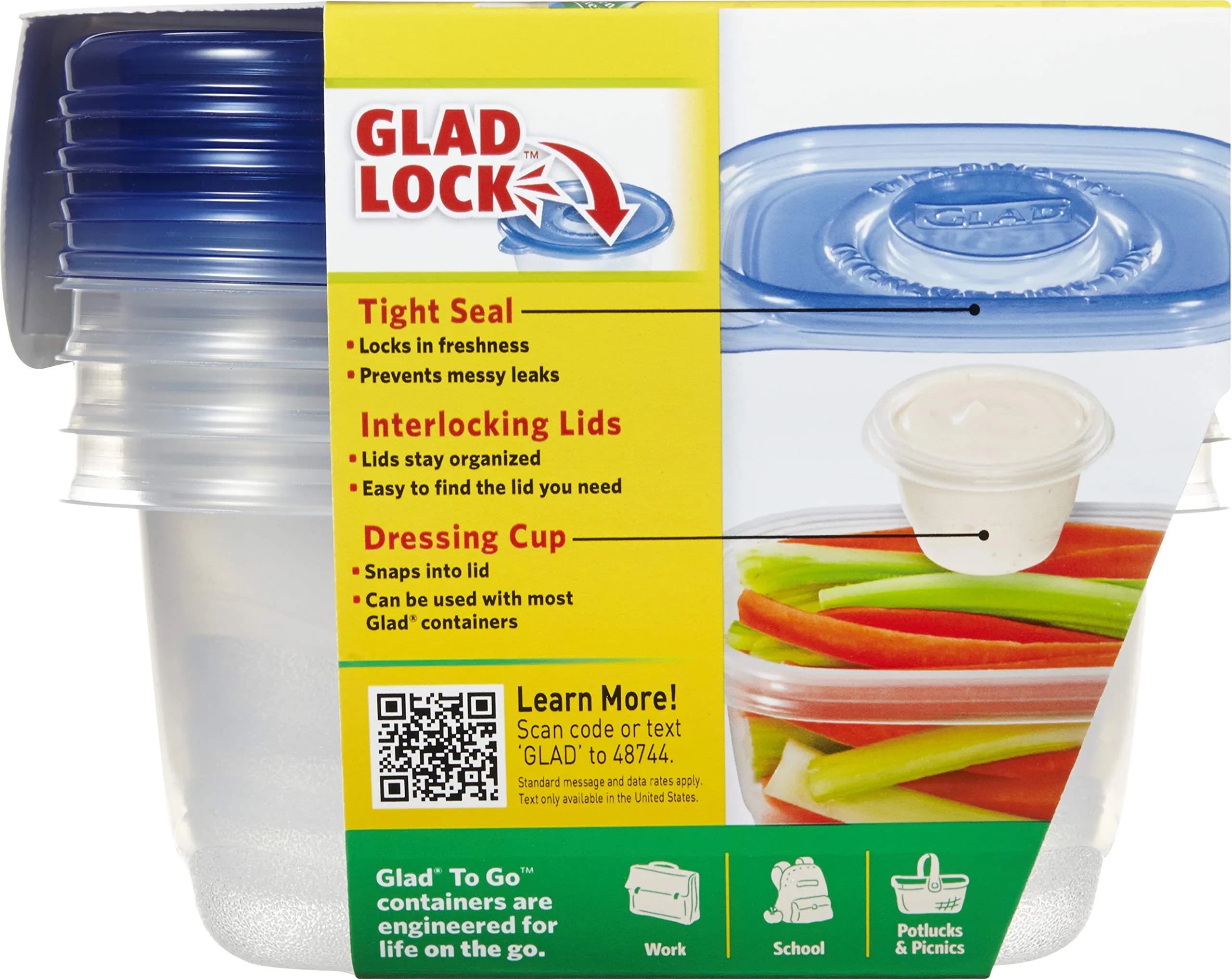 Glad GladWare To-Go Medium Rectangle Snack Containers, 24 Oz (710 ml) with Dressing Cup, 6-Pack | Airtight & Leak-Resistant for Salads & Snacks - view 7