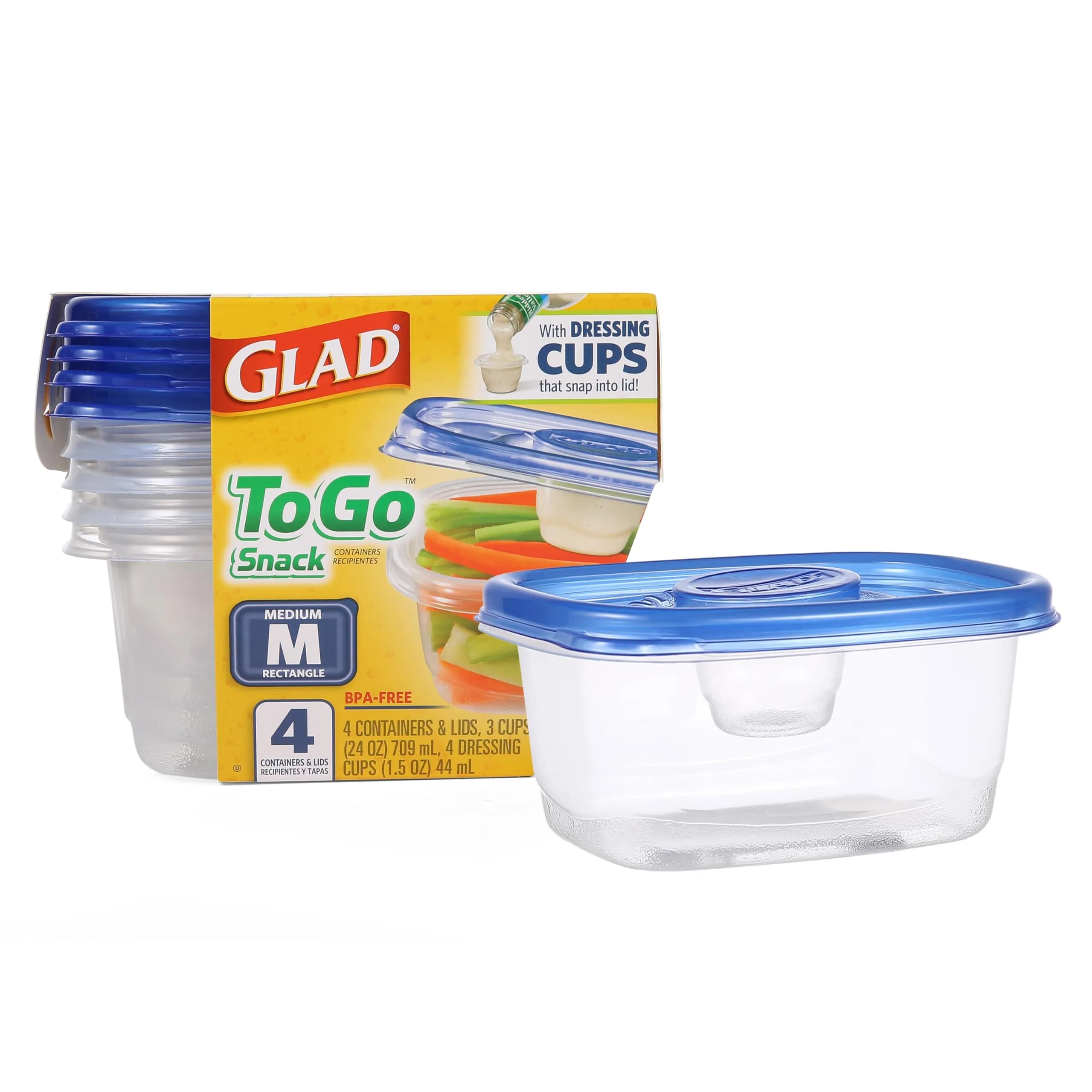 Glad GladWare To-Go Medium Rectangle Snack Containers, 24 Oz (710 ml) with Dressing Cup, 6-Pack | Airtight & Leak-Resistant for Salads & Snacks - view 9