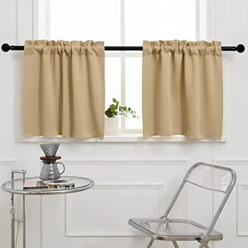 Pickluc Rod Pocket Tier Curtain - Half Blackout for Kitchen & Bathroom | 30"W x 24"L Beige, 2 Panels thumbnail 1