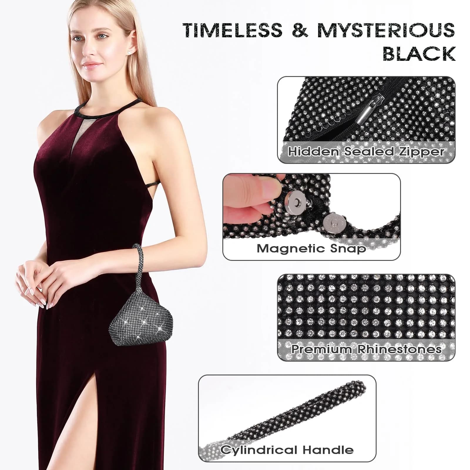 JIAN YA NA Rhinestone Trihedral Clutch Evening Bag - Three-sides Black, X-Large (11.3cm x 15.5cm) - view 3