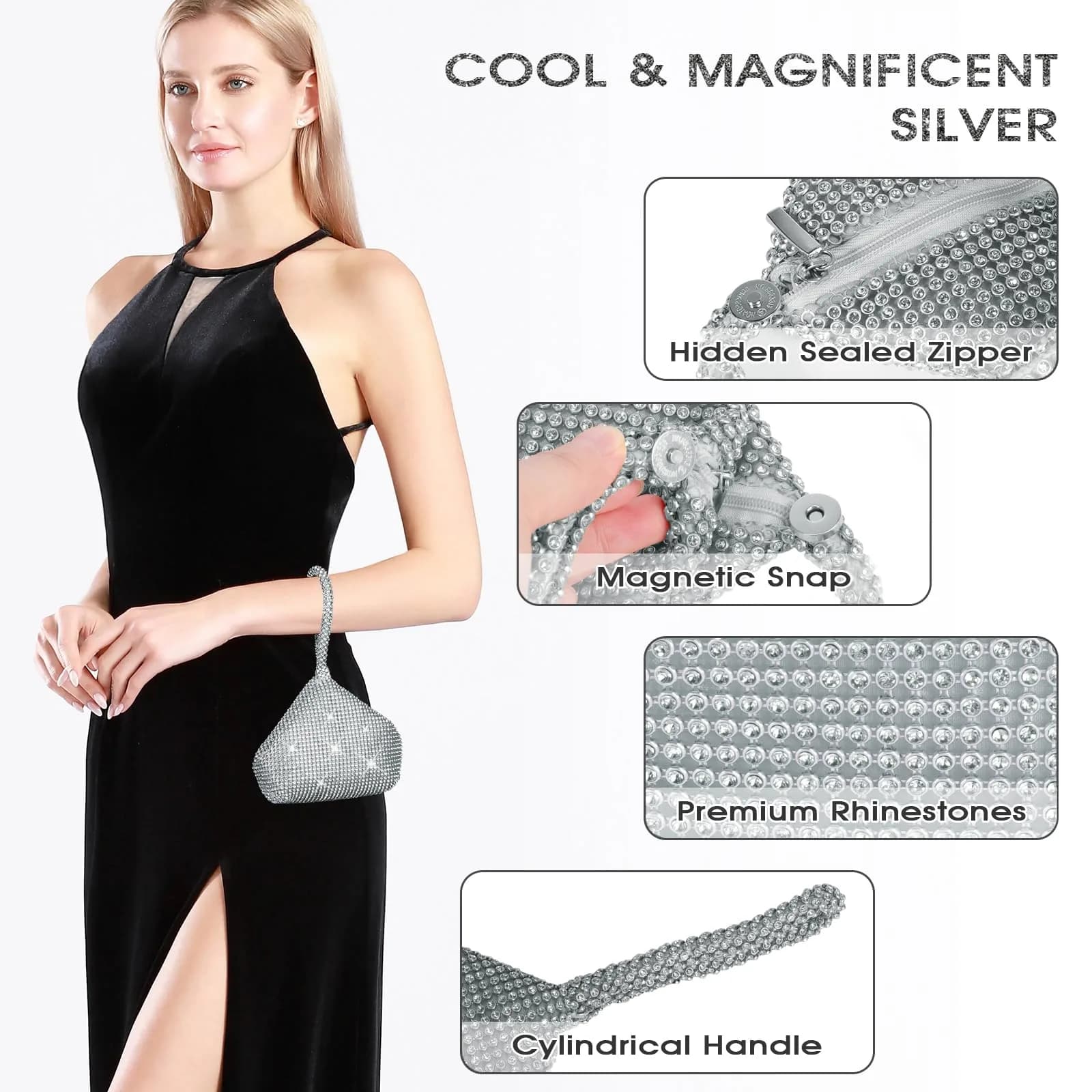 JIAN YA NA Rhinestone Trihedral Clutch Evening Bag - Three-sided Silver, 11.3cm x 15.5cm - view 4