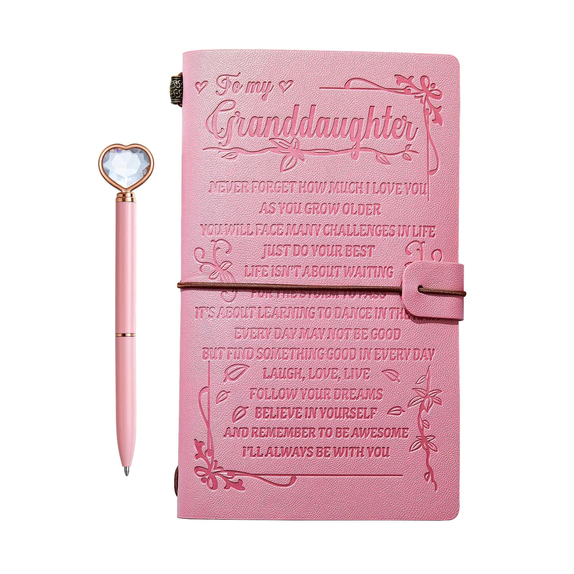 JEWPHX Pink Leather Journal for Granddaughter | Refillable 7.9 x 4.7 inches, 140 Pages