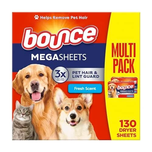 Bounce Pet Hair and Lint Guard Mega Dryer Sheets | 130 Count (368g/12.98oz)