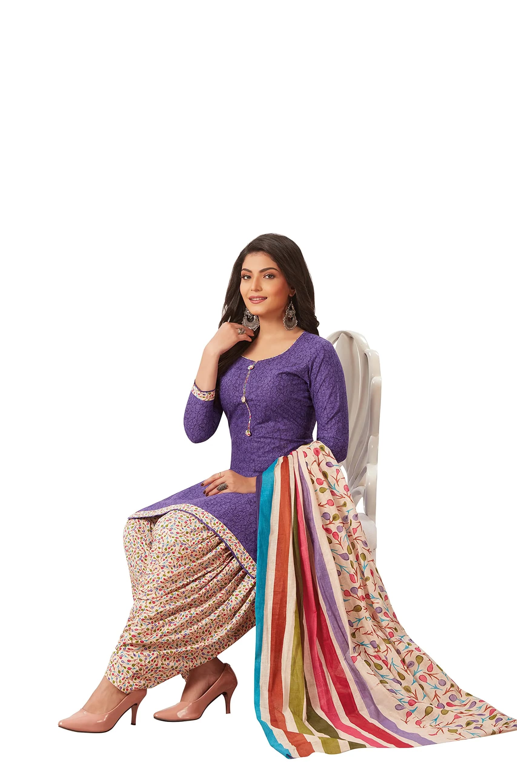 Miraan Women's Cotton Printed Readymade Salwar Suit Set 4XL (156g) | Floral Print, 3/4 Sleeve, Purple - view 5