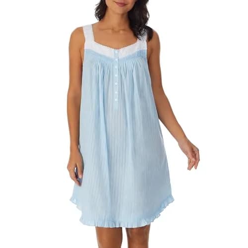 Eileen West Sleeveless Cotton Dobby Chemise Solid Blue XS | Elegant Summer Nightgown with Lace & Pintucks thumbnail 1