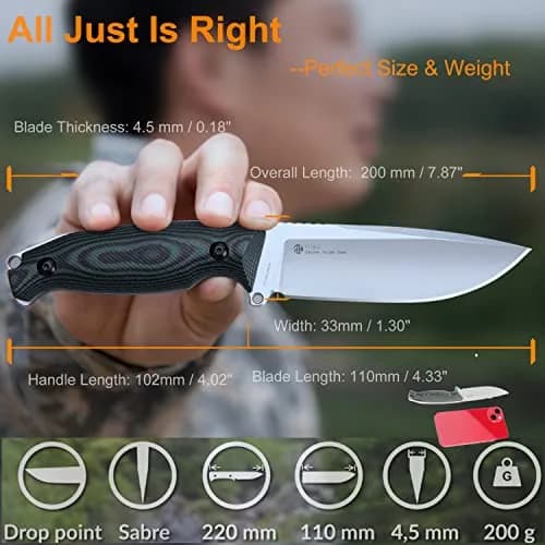 Ruike 14C28N Camping Fixed Blade Knife with Sheath, Full Tang, G10, Bushcraft | 4.3" Drop Point Blade, Corrosion-Resistant Steel thumbnail 6