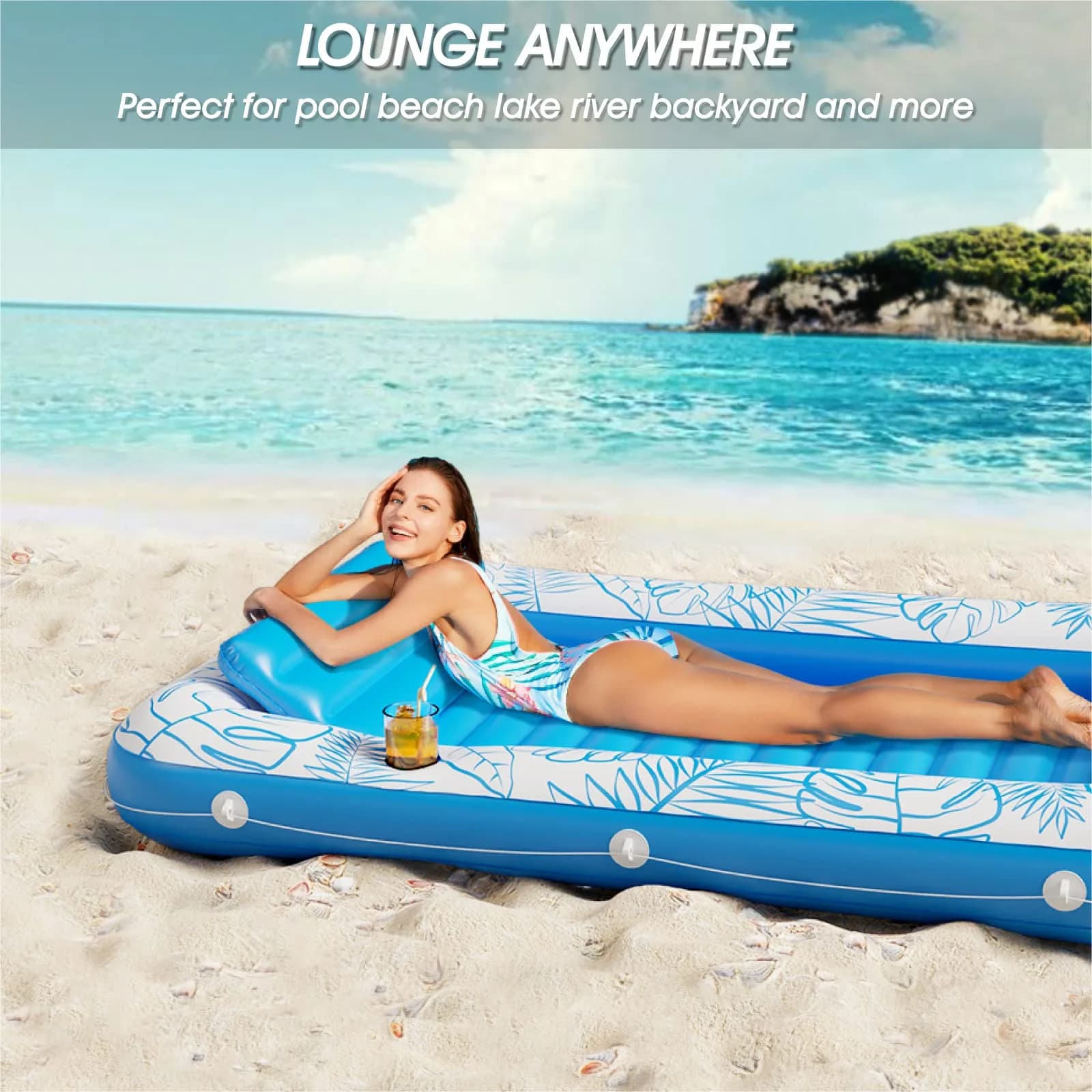 Jasonwell Inflatable Tanning Pool Lounger Float 71" x 48" Lime W Reflective Base - view 4