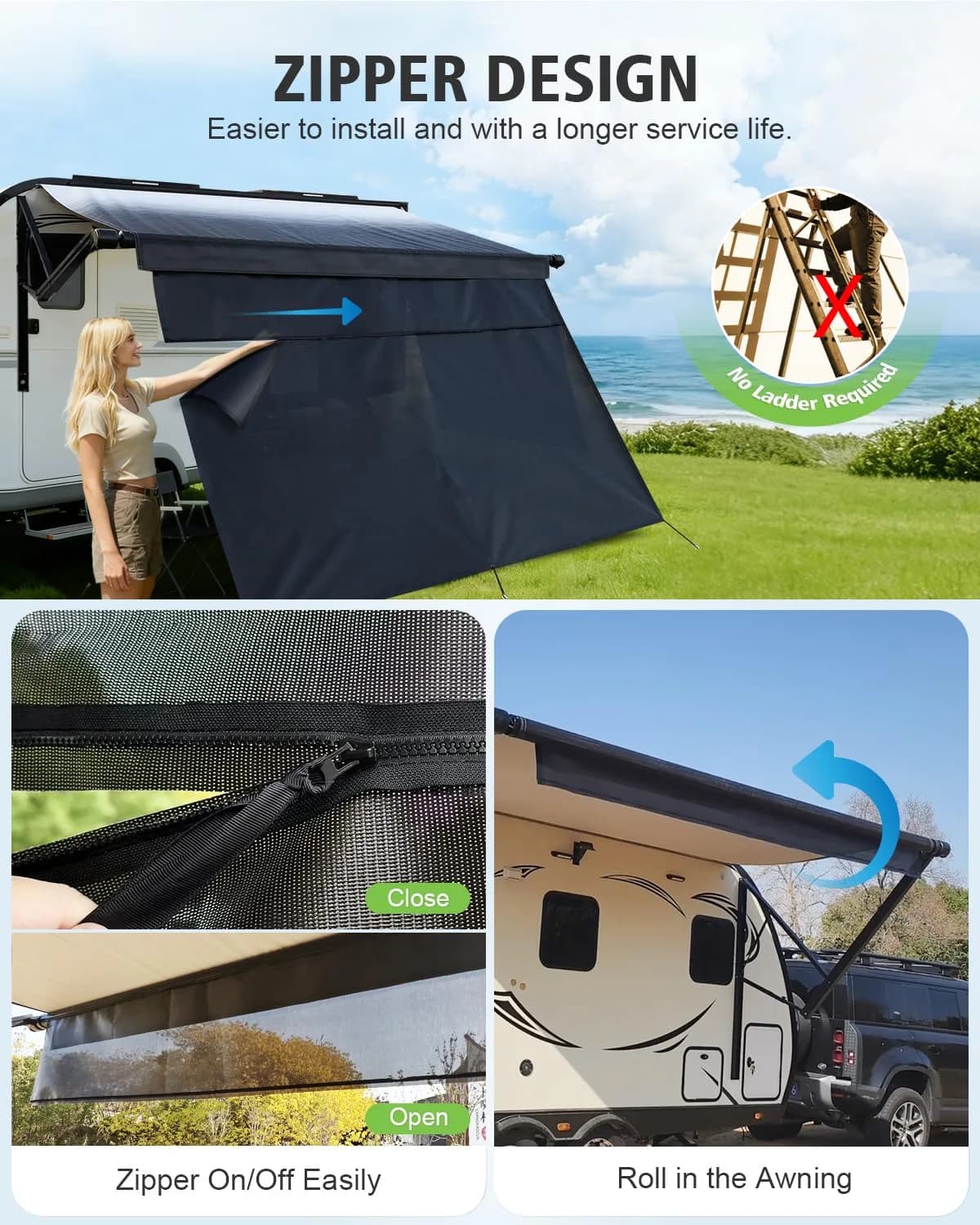 Dulepax RV Awning Shade Screen with Zipper 2.44m (8') Drop x 4.95m (16'3") Length | Universal Fit for 17ft Awnings - view 2