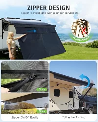 Dulepax RV Awning Shade Screen with Zipper 2.44m (8') Drop x 4.95m (16'3") Length | Universal Fit for 17ft Awnings thumbnail 2