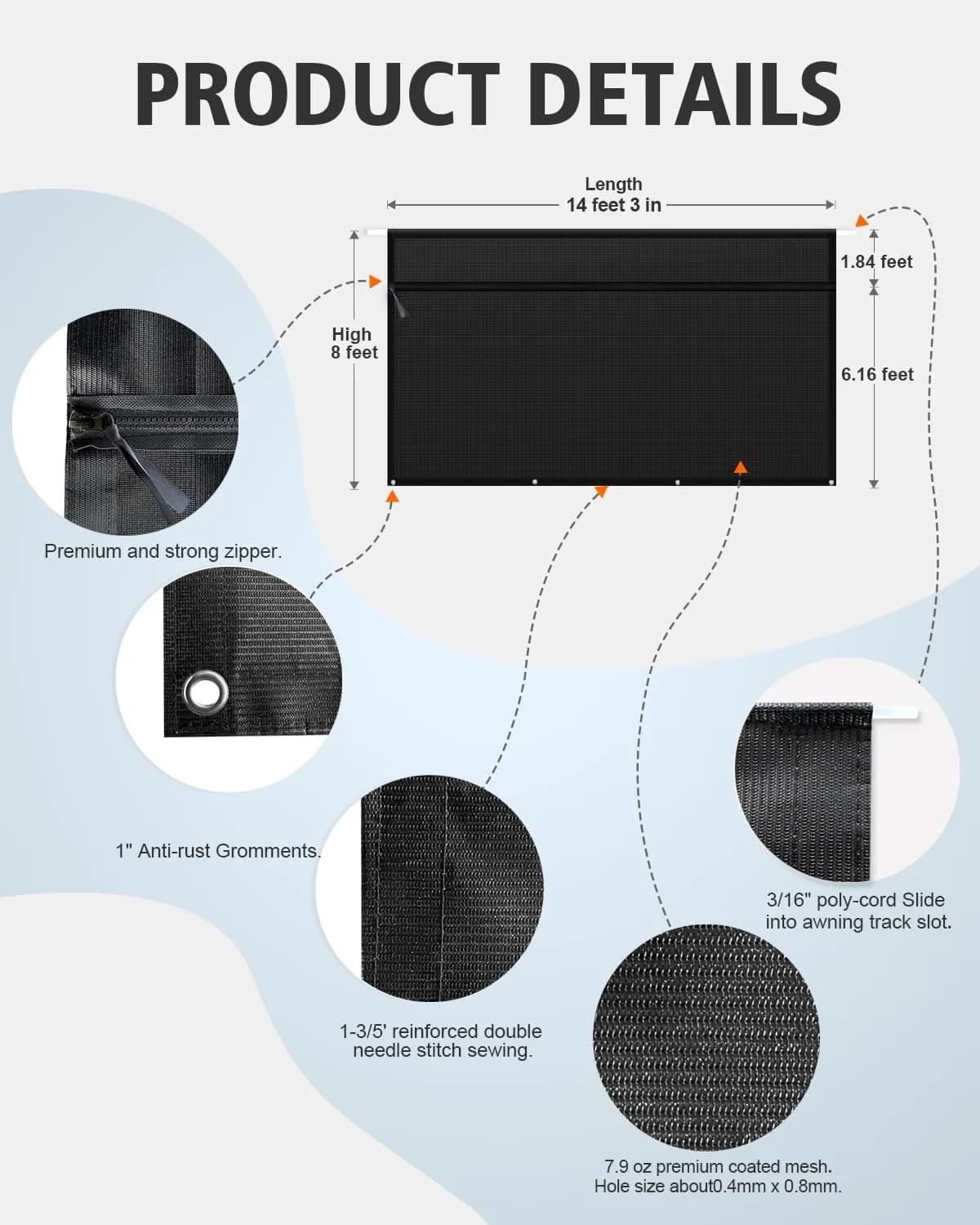 Dulepax RV Awning Shade Screen Black 2.54m (8' Drop) x 4.34m (14'3" Length) | Improves Shadow and Privacy - view 6