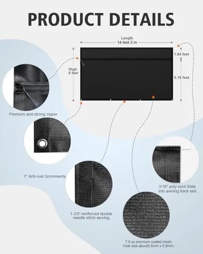 Dulepax RV Awning Shade Screen Black 2.54m (8' Drop) x 4.34m (14'3" Length) | Improves Shadow and Privacy thumbnail 6