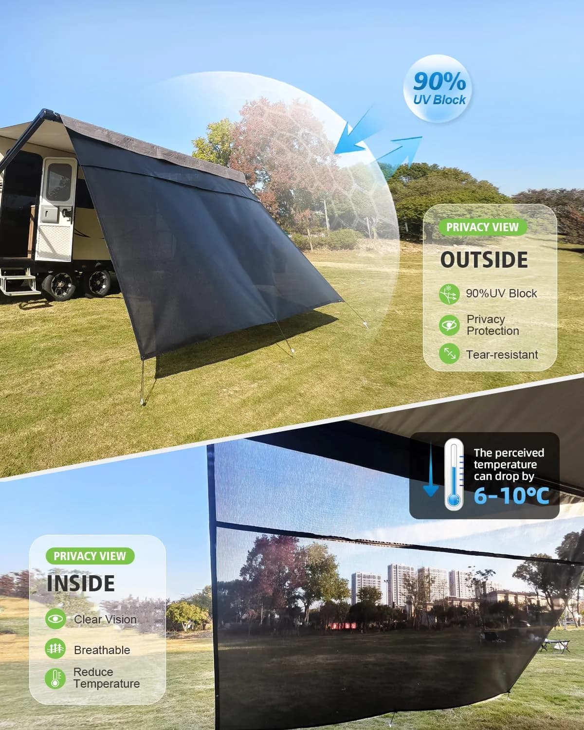 Dulepax RV Awning Shade Screen Black 2.54m (8' Drop) x 4.34m (14'3" Length) | Improves Shadow and Privacy - view 3