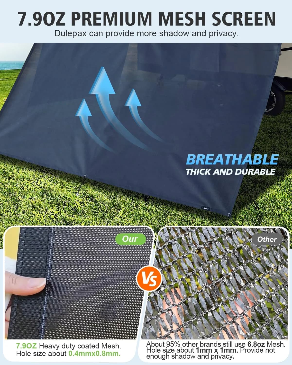Dulepax RV Awning Shade Screen Black 2.54m (8' Drop) x 4.34m (14'3" Length) | Improves Shadow and Privacy - view 4