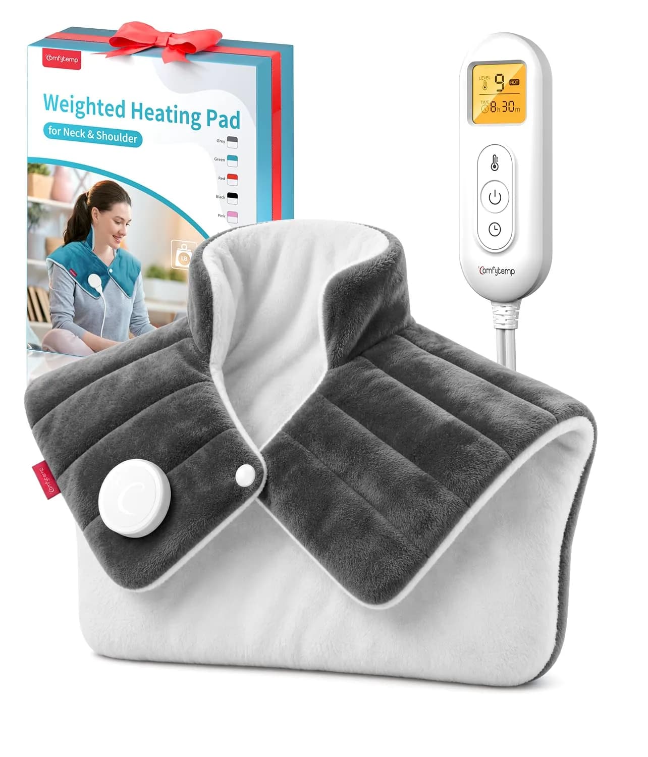 Comfytemp Weighted Heating Pad for Neck Shoulders Back 2.6lb 500g (19"x23") | Fast Heating with 9 Levels & 11 Timers — Grey