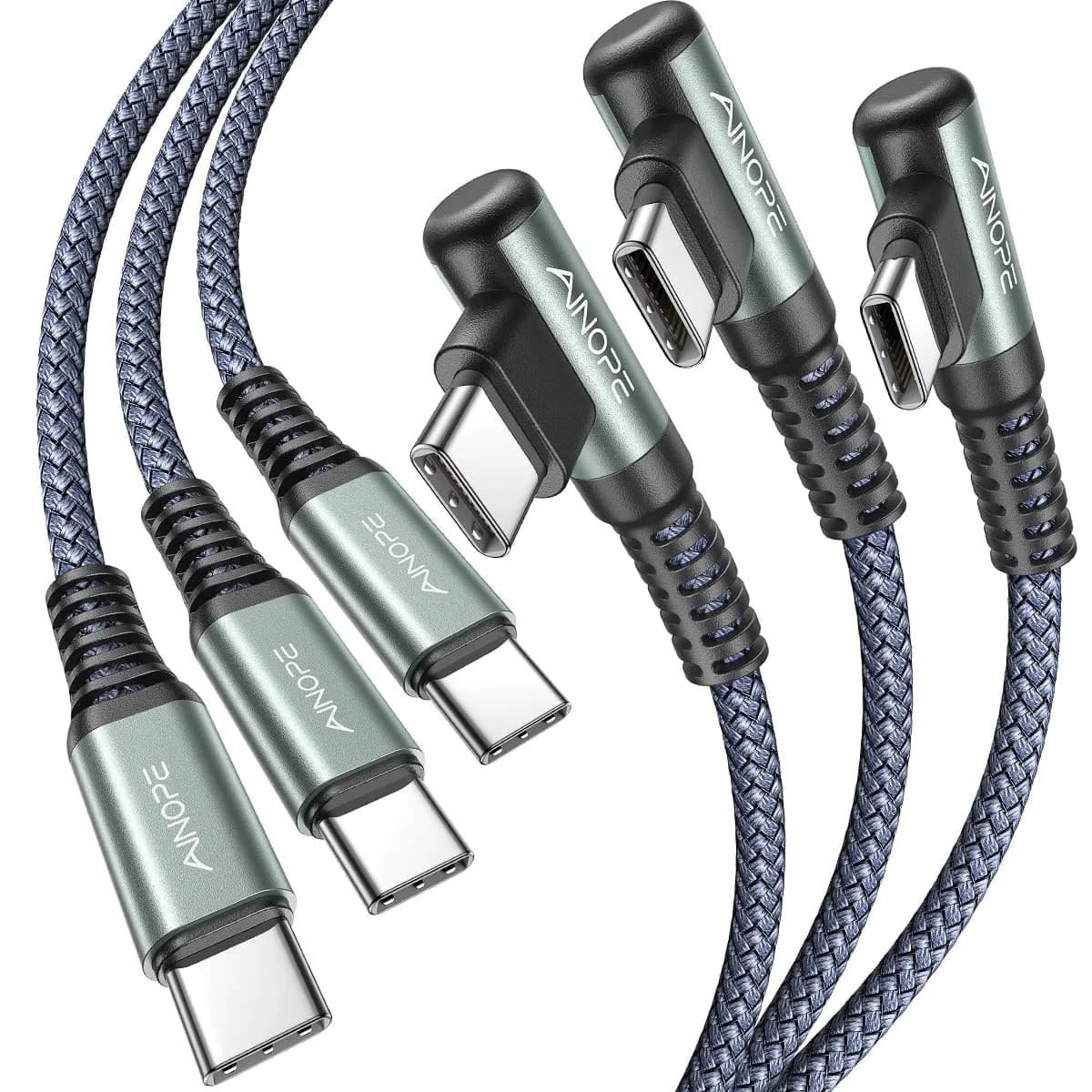 AINOPE Grey USB C to USB C Cable 3-Pack: 3.3ft, 6.6ft, 10ft, 60W Right Angle Fast Charging - main product image