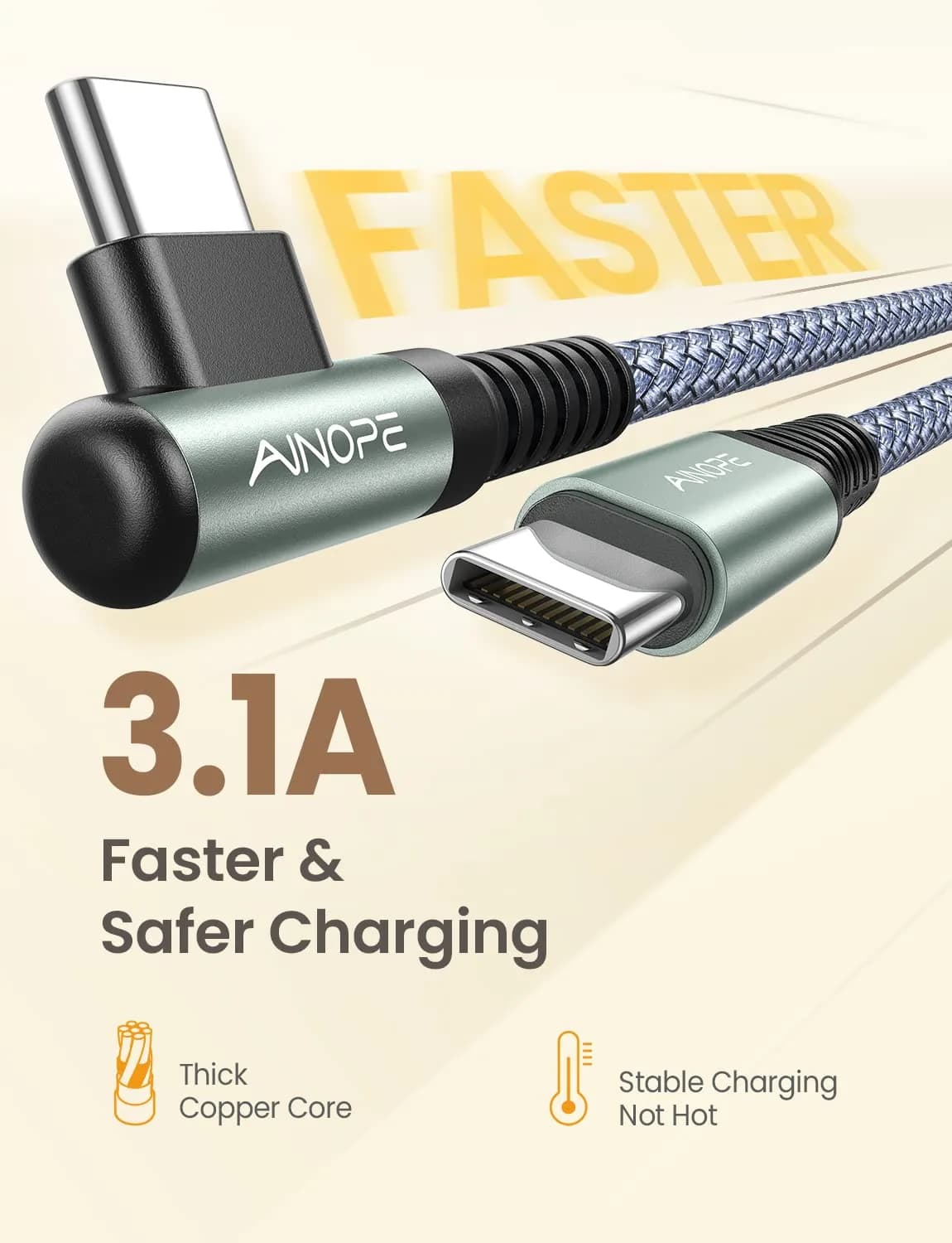 AINOPE Grey USB C to USB C Cable 3-Pack: 3.3ft, 6.6ft, 10ft, 60W Right Angle Fast Charging - view 4