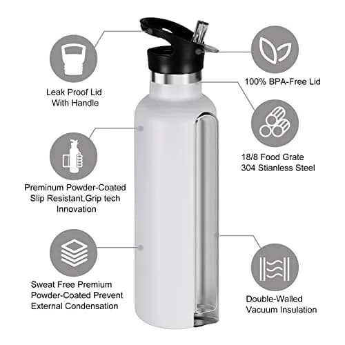 Neihepal White Stainless Steel Water Bottle 24oz | Double Wall Vacuum Insulated Travel Flask thumbnail 3